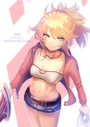  artist_name belt black_belt blonde_hair braid breasts character_name clarent_(fate) collarbone commentary copyright_name ctiahao denim denim_shorts fate/apocrypha fate/grand_order fate_(series) female green_eyes highres holding holding_sword holding_weapon jacket jewelry long_hair looking_at_viewer mordred_(fate) mordred_(fate/apocrypha) mordred_(memories_at_trifas)_(fate) necklace ponytail red_jacket shorts smile solo sword weapon 