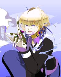  1boy black_sweater blonde_hair collared_shirt commentary earrings fingernails hand_up jewelry long_sleeves male_focus miki_0 original parted_lips purple_eyes purple_shirt sharp_fingernails shirt short_hair smile smoke solo sweater symbol-only_commentary upper_body 