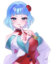  akatsuki_kurage bad_id bad_twitter_id blue_hair breasts cleavage cleavage_cutout clothing_cutout collarbone eikura_hana eyeshadow female flower hair_flower hair_ornament indie_virtual_youtuber jacket makeup medium_breasts off_shoulder pointing pointing_up red_eyeshadow red_flower short_eyebrows short_hair smile solo upper_body virtual_youtuber white_background white_jacket 