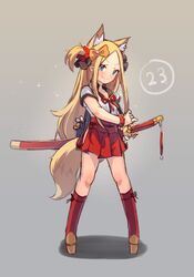  &gt;:) abigail_williams_(fate) animal_ear_fluff animal_ears blonde_hair blue_eyes blush bow closed_mouth clothing_cutout commentary cosplay english_commentary fate/extra fate/extra_ccc fate/extra_ccc_fox_tail fate/grand_order fate_(series) female fighting_stance forehead fox_ears fox_girl fox_tail full_body grey_background hair_ornament hair_scrunchie hairbow katana kemonomimi_mode kneehighs long_hair looking_at_viewer miya_(miyaruta) neck_ribbon orange_bow parted_bangs pleated_skirt ready_to_draw red_ribbon red_scrunchie red_skirt red_socks ribbon scrunchie shadow sheath sheathed shirt short_sleeves side_cutout skirt smile socks solo standing suzuka_gozen_(fate) suzuka_gozen_(fate)_(cosplay) sword tail two_side_up v-shaped_eyebrows very_long_hair weapon white_shirt 