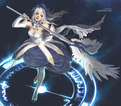  adapted_costume arch_bishop_(ragnarok_online) black_footwear blue_collar blue_hairband blue_skirt bow bowtie breasts collar commentary commission detached_collar dress english_commentary feathered_wings female fishnet_pantyhose fishnets footwear_bow full_body grey_eyes hairband holding holding_staff lips long_hair magic_circle medium_breasts nail_polish pantyhose parted_lips pink_nails ragnarok_online shilin shoes skirt solo staff standing strapless strapless_dress white_bow white_bowtie white_dress white_hair white_wings winged_wand wings 