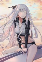  ak-12_(age_of_slushies)_(girls&#039;_frontline) ak-12_(girls&#039;_frontline) bare_legs bikini breasts cleavage closed_eyes cloud cloudy_sky collarbone female girls&#039;_frontline grey_hair hair_ribbon highres legs long_hair medium_breasts navel official_alternate_costume qb_516 ribbon silver_bikini simple_background sky smile solo surfboard swimsuit 