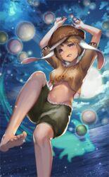  animal_ears arms_up baggy_shorts barefoot blonde_hair blush breasts brown_hat cloud crop_top crop_top_overhang dango female flat_cap food food_in_mouth foot_out_of_frame frills green_shorts groin hat head_tilt knee_up looking_at_viewer medium_breasts midriff moon mouth_hold navel night night_sky official_art outdoors purple_eyes rabbit_ears ringo_(touhou) shirt short_hair short_sleeves shorts sky solo spirit stomach takanori_yamada third-party_source touhou touhou_cannonball wagashi water yellow_shirt 