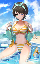  absurdres ao_ne bad_id bad_pixiv_id bikini bird black_hair blue_eyes blue_hairband blue_sky breasts cleavage cloud day duck female hairband highres hololive navel oozora_subaru oozora_subaru_(hololive_summer_2019) open_clothes outdoors partially_submerged polka_dot_hairband sandals short_hair sitting sky stomach striped_bikini striped_clothes subaru_duck swept_bangs swimsuit unworn_sandals virtual_youtuber wariza water yellow_bikini 