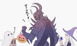  1boy 1other adz_lrp armor bad_id bad_twitter_id candy commentary cyril_(fire_emblem) dark-skinned_male dark_skin death_knight_(fire_emblem) female fire_emblem fire_emblem:_three_houses food from_side garreg_mach_monastery_uniform ghost_costume halloween halloween_costume hat helmet holding long_sleeves lysithea_von_ordelia sheet_ghost simple_background translated uniform white_background witch_hat 