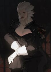  absurdres bad_id bad_twitter_id breasts brown_eyes cleavage coat commentary female final_fantasy final_fantasy_xiv gloves hair_slicked_back highres large_breasts looking_at_viewer merlwyb_bloefhiswyn pale_skin short_hair shuangbatian solo uniform white_gloves white_hair 