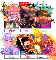  &gt;_&lt; 2boys 4girls :3 ^_^ animal_crossing annie_(splatoon) ashley_(warioware) blush_stickers bracelet captain_falcon chain_necklace chains character_name clenched_hand closed_eyes clownfish commentary company_connection copy_ability crown dress english_commentary etoile_(animal_crossing) f-zero fangs fish glasses gloves glowing glowing_eyes headphones helmet highres hooves inkling jewelry kirby kirby_(series) microphone microphone_stand mike_kirby moe_(splatoon) mohawk mole mole_under_mouth multiple_boys multiple_drawing_challenge multiple_girls music necklace nintendo outside_border pearl_(splatoon) scarf sea_anemone setispaghetti singing six_fanarts_challenge spiked_bracelet spikes splatoon_(series) splatoon_1 splatoon_2 tank_top tentacle_hair tiara tropical_fish twintails warioware 