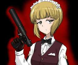  absurdres b&amp;t_vp9 bartender black_bow black_bowtie black_gloves blonde_hair blunt_bangs bob_cut bow bowtie brown_vest closed_mouth cutlass_(girls_und_panzer) dress_shirt female frown girls_und_panzer glaring gloves gun half-closed_eyes handgun handkerchief highres holding holding_gun holding_weapon long_sleeves looking_at_viewer maid_headdress moesenyukikaze school_uniform shirt short_hair solo strap suppressor trigger_discipline vest weapon white_shirt wing_collar yellow_eyes 