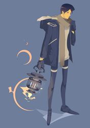  1boy black_coat black_footwear black_gloves black_hair coat crescent full_body gloves grey_scarf grey_sweater hand_up holding holding_lantern hood hood_down hooded_coat lantern long_sleeves male_focus miki_0 original scarf shoes short_hair solo standing sweater 