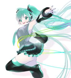  alternate_breast_size aqua_eyes aqua_hair aqua_nails aqua_necktie bad_id bad_pixiv_id black_footwear black_skirt boots breasts detached_sleeves eikura_hana female floating_hair grey_shirt hatsune_miku headset highres leg_up long_hair looking_at_viewer medium_breasts necktie open_hands shadow shirt skirt sleeveless sleeveless_shirt smile solo thigh_boots thighhighs twintails very_long_hair vocaloid white_background 