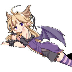  ahoge bell belphe_(sennen_sensou_aigis) black_ribbon black_scrunchie blonde_hair commentary_request dragon_horns dragon_wings female horns long_hair looking_at_viewer low_twintails lying nemui_(nemui) on_stomach pointy_ears purple_eyes purple_thighhighs ribbon scrunchie sennen_sensou_aigis simple_background solo striped_clothes striped_thighhighs thighhighs twintails wings wrist_scrunchie 