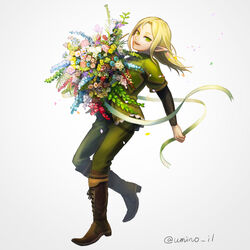  1boy absurdres blonde_hair boots bouquet commentary_request elf erik_burton flower full_body green_eyes highres long_hair looking_at_viewer male_focus open_mouth photoshop_(medium) pointy_ears pop-up_story simple_background smile solo twitter_username umino_kiri white_background 