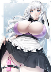  apron black_skirt blue_eyes border breasts cleavage closed_mouth clothes_lift commentary_request covered_nipples elbow_gloves female from_below gloves highres large_breasts long_hair maid maid_apron miniskirt original pale_skin pleated_skirt remote_control_vibrator sex_toy skirt skirt_lift smile solo suzuki_nene thigh_strap thighs vibrator vibrator_under_clothes white_border white_hair 