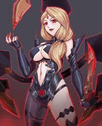  blonde_hair blood breasts center_opening chinese_commentary clothing_cutout commentary_request cosplay dark_persona female fire_emblem fire_emblem:_three_houses highres holding holding_sword holding_weapon kronya_(fire_emblem) kronya_(fire_emblem)_(cosplay) large_breasts leebigtree long_hair low-tied_long_hair md5_mismatch mercedes_von_martritz navel navel_cutout open_mouth red_eyes simple_background solo sword weapon 