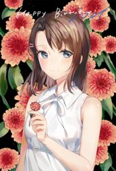  bad_id bad_twitter_id bang_dream! bare_shoulders black_background blue_eyes brown_hair closed_mouth dahlia dress female flower hair_ornament hairclip happy_birthday looking_at_viewer looking_to_the_side medium_hair okusawa_misaki red_flower smile solo tiny_(tini3030) white_dress 