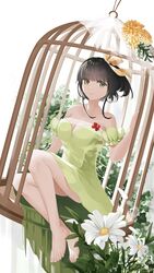  absurdres barefoot black_hair breasts cage cleavage daqiao dress female flower full_body green_dress green_eyes hair_ribbon highres legend_of_the_three_kingdoms medium_breasts phyntaxias ribbon short_hair_with_long_locks simple_background sitting white_background yellow_ribbon 