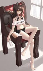  :&lt; absurdres alternate_color animal_ears artist_request bare_legs bare_shoulders barefoot bikini bikini_under_clothes black_bikini black_hair black_shorts breasts brown_eyes can chair cleavage collarbone commission crop_top crop_top_overhang cropped_shirt crossed_legs dolphin_shorts female halterneck highres holding long_hair looking_at_viewer medium_breasts midriff navel off-shoulder_shirt off_shoulder original park_bokja ponytail revealing_clothes second-party_source shirt short_shorts shorts sitting slit_pupils solo squirrel_ears squirrel_girl squirrel_tail stomach string_bikini sunlight swimsuit tail thighs white_shirt window 