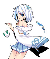  bare_shoulders bell blue_eyes blue_flower blue_hair blue_skirt commentary_request female flower hair_flower hair_ornament looking_at_viewer looking_back nemui_(nemui) pleated_skirt sennen_sensou_aigis short_hair skirt snow_rabbit solo standing white_hair wide_sleeves yukihime_(sennen_sensou_aigis) 