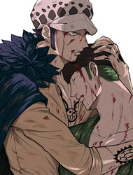  2boys bad_id bad_pixiv_id black_hair blood blood_from_mouth blood_on_face clenched_teeth closed_eyes cradling_head earrings green_hair hat hug injury jewelry male_focus multiple_boys official_alternate_costume one_piece roronoa_zoro scar scar_across_eye shido sleeves_rolled_up tattoo teeth trafalgar_law yaoi 