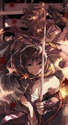  2boys alternate_costume autumn autumn_leaves back-to-back bad_id bad_link bad_twitter_id bandages blonde_hair brown_eyes brown_hair cloak closed_mouth gran_(granblue_fantasy) granblue_fantasy holding holding_sword holding_weapon japanese_clothes katana kengo_(granblue_fantasy) leaf looking_at_viewer male_focus maple_leaf messy_hair multiple_boys pe-ji seofon_(granblue_fantasy) smile smug standing sword weapon white_cloak 