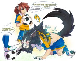  ball black_body black_fur blush bodily_fluids bottomwear canid canine canis claws cleats clenched_teeth clothing duo english_text feral fur fur_growth growth hi_res human human_to_feral inazuma_eleven_go male mammal one_eye_closed pawpads ravieel red_eyes shorts soccer_ball soccer_uniform species_transformation sportswear sweat tail tail_growth teeth text torn_clothing transformation tsurugi_kyousuke uniform wolf 