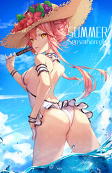  am1m arm_garter ass back braid braided_bun brave_girl_ravens breasts casual_one-piece_swimsuit chocolate commentary_request cowboy_shot english_text female flower gloves hair_bun half_gloves hat highres holding leaf one-piece_swimsuit outdoors pink_hair sideboob sidelocks small_breasts solo sorcelle straw_hat swimsuit tongue wading water white_gloves wrist_cuffs yellow_eyes 