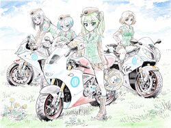  4girls alternate_eye_color alternate_hair_color animal_print azumi_(girls_und_panzer) bandages bear_print beret black_footwear black_hair black_jacket black_necktie black_ribbon black_skirt blue_eyes blue_sky bmw_s1000rr boko_(girls_und_panzer) boots brown_hair closed_mouth cloud cloudy_sky colored_pencil_(medium) commentary_request cross-laced_footwear dandelion day dress_shirt emblem expressionless flower girls_und_panzer glasses grass green_eyes green_hair grey_eyes grey_hair hair_ribbon hat helmet highres holding holding_stuffed_toy jacket japanese_tankery_league_(emblem) kubota_shinji lace-up_boots long_hair long_sleeves looking_at_viewer megumi_(girls_und_panzer) military military_hat military_uniform miniskirt motor_vehicle motorcycle motorcycle_helmet multiple_girls necktie one_side_up open_mouth outdoors parted_bangs partial_commentary pencil_skirt pleated_skirt race_vehicle ribbon riding rumi_(girls_und_panzer) selection_university_(emblem) selection_university_military_uniform shimada_arisu shirt skirt sky stuffed_animal stuffed_toy swept_bangs teddy_bear traditional_media uniform white_shirt 