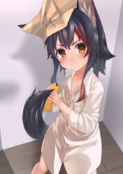  absurdres aged_down angry animal_ear_fluff animal_ears black_hair blush box box_on_head cardboard_box chewing commentary_request dress_shirt female food hair_between_eyes highres holding holding_food hololive inaba_teitoku indoors lolicon looking_at_viewer multicolored_hair naked_shirt ookami_mio oversized_clothes oversized_shirt red_hair shirt short_hair sidelocks solo streaked_hair tail tail_wrap taiyaki tearing_up virtual_youtuber wagashi white_shirt wolf_ears wolf_girl wolf_tail yellow_eyes 