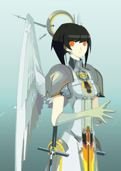  angel angel_wings aqua_background armor black_hair breasts commentary cowboy_shot feathered_wings gloves gradient_background green_gloves halo medium_breasts miki_0 original own_hands_together pauldrons red_eyes short_hair shoulder_armor symbol-only_commentary upper_body wings 