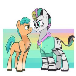  1:1 black_hooves black_stripes bodily_fluids brown_eyes brown_hooves clothing duo earth_pony equid equine eyebrows fan_character feral fetlocks green_eyes green_hair green_tail hair hasbro hi_res hitch_trailblazer_(mlp) hooves horse male mammal markings mlp_g5 multicolored_hair multicolored_tail my_little_pony pfeffaroo pony striped_body stripes sweat sweater tail tail_tuft topwear tuft white_body yellow_body zebra 