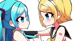  2girls against_wall aqua_eyes aqua_hair arm_warmers bare_shoulders black_sailor_collar black_sleeves blonde_hair blush bow commentary detached_sleeves grey_shirt hair_ornament hairbow hairclip hatsune_miku highres holding_necktie kabedon kagamine_rin kasaki_sakura long_hair looking_at_another multiple_girls nail_polish neckerchief sailor_collar school_uniform shirt short_hair shoulder_tattoo sleeveless sleeveless_shirt smile sweat swept_bangs tattoo twintails upper_body vocaloid white_background white_bow white_shirt yellow_nails yellow_neckerchief 