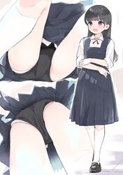  ass bad_id bad_twitter_id black_buruma black_hair blue_dress buruma dress female highres hyakumangoku_masurao inactive_account long_hair multiple_views original panties panties_under_buruma panty_peek pinafore_dress pleated_dress school_uniform shirt sleeveless sleeveless_dress socks straight_hair underwear very_long_hair white_panties white_shirt white_socks 