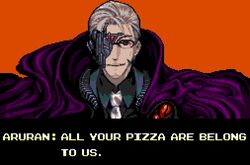  1boy all_your_base_are_belong_to_us_(meme) arurandeisu black_shirt cape cats_(zero_wing) cats_(zero_wing)_(cosplay) closed_mouth collared_shirt cosplay eddie_(fallenleafeddie) english_commentary english_text engrish_text formal glasses green_jacket holostars jacket male_focus meme necktie one_eye_covered pixel_art purple_cape ranguage red_eyes science_fiction shirt solo suit upper_body virtual_youtuber white_necktie zero_wing 