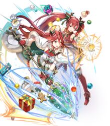  2girls animal_ears antlers apple armor bare_shoulders boots chachie christmas_ornaments cordelia_(fire_emblem) cordelia_(winter)_(fire_emblem) deer_antlers deer_ears fake_animal_ears fake_horns fire_emblem fire_emblem_awakening fire_emblem_fates fire_emblem_heroes food fruit full_body fur_trim gloves gold_trim highres holding holding_food horns leg_up long_hair looking_away multiple_girls non-web_source official_art open_mouth red_eyes red_hair selena_(fire_emblem_fates) selena_(winter)_(fire_emblem_fates) skirt sleeveless smile thigh_boots thighhighs transparent_background twintails zettai_ryouiki 