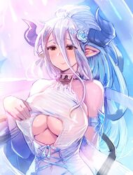  blue_hair bow_(bhp) breasts commentary draph female granblue_fantasy horns izmir izmir_(summer)_(granblue_fantasy) large_breasts long_hair mole mole_under_mouth navel official_alternate_costume pointy_ears ponytail red_eyes smile solo swimsuit 