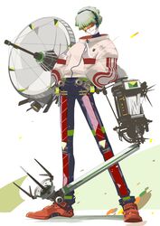  1boy commentary full_body green_hair headphones index_finger_raised long_sleeves male_focus miki_0 original pants red_footwear satellite_dish shoes short_hair smile solo standing symbol-only_commentary white_background 