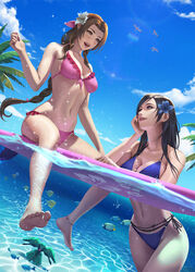  2girls aerith_gainsborough angelfish anklet arm_rest barefoot beach bikini bird black_hair braid braided_ponytail breasts brown_hair bubble butterflyfish caustics cloud cloudy_sky day duplicate emerald_weapon english_commentary feet final_fantasy final_fantasy_vii final_fantasy_vii_remake fish flower green_eyes hair_flower hair_ornament hair_ribbon highres jewelry legs long_hair looking_at_another medium_breasts multiple_girls navel nibelart open_mouth outdoors palm_tree partially_submerged partially_underwater_shot red_eyes ribbon sand seagull signature sitting sky soles summer surf surfboard swimsuit teeth tifa_lockhart toes tree tropical_fish upper_teeth_only water wet 