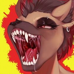  1:1 anthro bodily_fluids canid canine canis coyote drooling ear_piercing fur hair herm_(lore) highlights_(coloring) hybrid hyena low_res makeup mammal mouth_shot neoma_(neoma_ireto) neoma_ireto open_mouth piercing saliva simple_background solo spotted_hyena tongue tongue_piercing uvula 