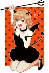  absurdres angry arai_ako black_choker black_dress black_footwear black_nails black_pantyhose blonde_hair blue_eyes blush bright_pupils choker commentary_request covering_privates demon_horns demon_tail demon_wings dress dress_tug female fishnet_pantyhose fishnets frown girls_und_panzer halloween_costume heart high_heels highres holding horns katyusha_(girls_und_panzer) lace lace-trimmed_choker lace-trimmed_dress lace_trim looking_at_viewer nail_polish oerba_yun_fang open_mouth orange_background outline outside_border pantyhose partial_commentary polearm polka_dot polka_dot_background short_dress short_hair solo spaghetti_strap squatting strap_slip tail trident weapon white_outline white_pupils wings 