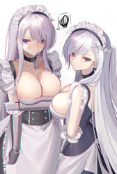  2girls alternate_costume apron arm_guards arm_under_breasts azur_lane belfast_(azur_lane) belfast_(azur_lane)_(cosplay) black_choker blue_eyes blush braid breasts broken broken_chain chains chinese_commentary choker chromatic_aberration cleavage collarbone commentary_request cosplay embarrassed enmaided enterprise_(azur_lane) eternity_(shadeh) frown gauntlets highres holding_own_arm large_breasts long_hair look-alike looking_at_viewer low_neckline maid maid_apron maid_headdress multiple_girls purple_eyes simple_background smile squiggle very_long_hair white_background white_hair 