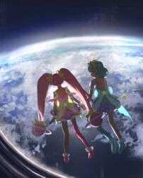  2girls ahoge antennae aqua_eyes aqua_hair back back_bow bow cloud commentary_request cure_milky cure_star dress earth_(planet) hagoromo_lala hair_ornament highres holding_hands hoshina_hikaru in_orbit long_hair looking_at_another magical_girl multiple_girls niizuka_(c-drop) pink_hair planet planet_hair_ornament porthole precure single_thighhigh space star_(symbol) star_hair_ornament star_twinkle_precure thighhighs twintails very_long_hair zero_gravity 