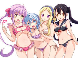  4girls ahoge ayune_(kei) bikini black_bikini black_hair blonde_hair blue_eyes blue_hair blush breasts brown_eyes cleavage closed_mouth collarbone fa_(rpg_fudousan) frilled_bikini frills hair_ribbon hairband heart highres kazairo_kotone large_breasts long_hair looking_at_viewer multiple_girls navel oerba_yun_fang open_mouth pink_hair ponytail purple_bikini purple_eyes rakira_(rpg_fudousan) red_bikini ribbon rpg_fudousan rufuria_(rpg_fudousan) side-tie_bikini_bottom simple_background small_breasts smile swimsuit twintails white_background white_bikini yellow_eyes 