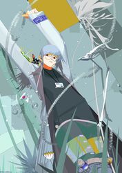  ambiguous_gender arms_up black_shirt coat commentary cowboy_shot flower glasses grey_coat hair_ornament highres leaf long_sleeves miki_0 original plant red_eyes round_eyewear shirt skeleton symbol-only_commentary white_flower 