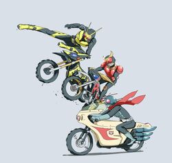  3boys absurdres antennae armor belt crossover cyclone_(kamen_rider) gloves grey_background heisei highres horns kamen_rider kamen_rider_(1st_series) kamen_rider_01_(series) kamen_rider_1 kamen_rider_kuuga kamen_rider_kuuga_(series) kamen_rider_zero-one kicking kuuga_(mighty) motor_vehicle motorcycle multiple_boys naitsupic on_motorcycle red_eyes reiwa rider_belt rider_kick riding scarf shouwa simple_background trait_connection trychaser 