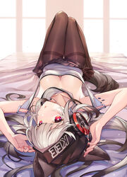  am1m animal_ears arknights bed bed_sheet black_pantyhose black_skirt breasts cat_ears cat_tail cleavage collarbone downblouse ears_through_headwear english_commentary female frostleaf_(arknights) grey_hair headphones highres implied_extra_ears long_hair looking_at_viewer lying material_growth medium_breasts nail_polish no_shoes on_back open_mouth oripathy_lesion_(arknights) pantyhose photoshop_(medium) pleated_skirt red_eyes skirt solo tail thighband_pantyhose window 