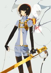  1boy black_eyes black_gloves black_hair collared_shirt cowboy_shot fingerless_gloves gloves grey_shirt holding holding_weapon male_focus miki_0 necktie original satellite_dish shirt short_hair short_sleeves solo weapon white_necktie 