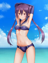  armpits bikini black_bikini black_gloves blush breasts brown_eyes closed_mouth elbow_gloves female gloves highres long_hair looking_at_viewer myouban_kajiya navel ocean outdoors purple_hair rakira_(rpg_fudousan) rpg_fudousan shiny_skin small_breasts smile solo swimsuit twintails 