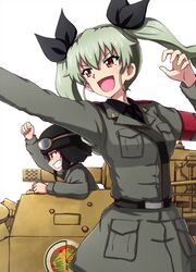  2girls :d anchovy_(girls_und_panzer) anzio_(emblem) anzio_military_uniform belt black_belt black_hair black_headwear black_necktie black_ribbon black_shirt braid brown_eyes carro_veloce_cv-33 clenched_hand commentary dress_shirt drill_hair emblem girls_und_panzer goggles goggles_on_headwear green_hair grey_jacket grin hair_ribbon helmet highres jacket long_hair long_sleeves looking_to_the_side military military_uniform military_vehicle motor_vehicle multiple_girls necktie omachi_(slabco) open_mouth pepperoni_(girls_und_panzer) raised_fist red_eyes ribbon sam_browne_belt semovente_75/18 shirt short_hair side_braid simple_background smile standing tank twin_drills twintails uniform v-shaped_eyebrows white_background 