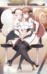  2girls :d absurdres ahoge animal_ears armband ass bare_shoulders bell black_dress black_footwear black_legwear black_panties bow breast_press breasts bubble_tea bubble_tea_challenge commentary commission detached_collar dress drinking english_commentary garter_straps hairbow high_heels highres holding_hands jingle_bell lace-trimmed_legwear lace_trim large_breasts large_tail long_hair looking_at_viewer maid maid_headdress multiple_girls necktie original panties park_bokja pleated_dress ponytail riss sen_light short_dress sitting sleeveless sleeveless_dress smile squirrel_girl squirrel_tail symmetrical_docking tail thighhighs thighs underwear very_long_hair white_hair white_panties wing_collar yellow_eyes 