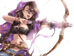  arrow_(projectile) belt bow_(weapon) bracelet braid breasts brown_hair commentary_request dark-skinned_female dark_skin drawing_bow earrings female fingernails granblue_fantasy green_eyes highres holding holding_bow_(weapon) holding_weapon jewelry kuroi_mimei medium_breasts midriff navel solo sparkling_eyes tabina_(granblue_fantasy) veil weapon white_background 